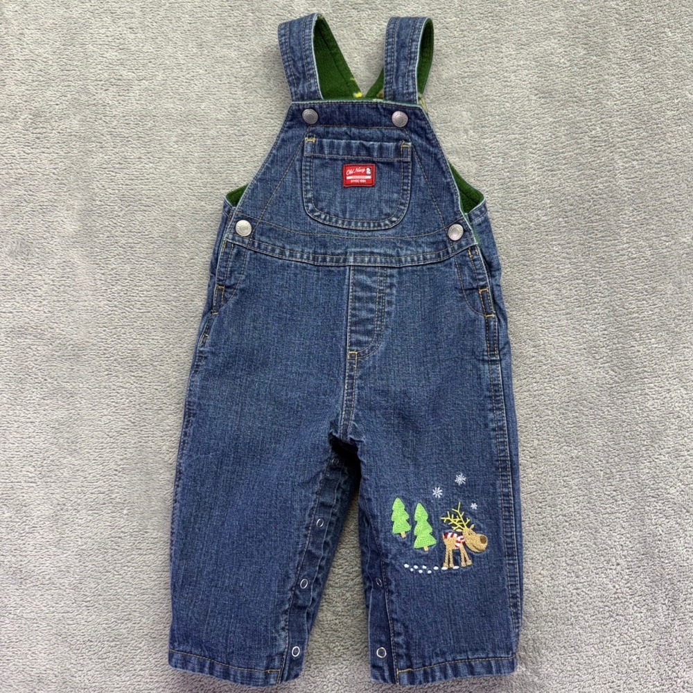 VTG‎ Old Navy Baby Boy 3-6M Overalls Denim Christmas Fleece Lined Straps Snap